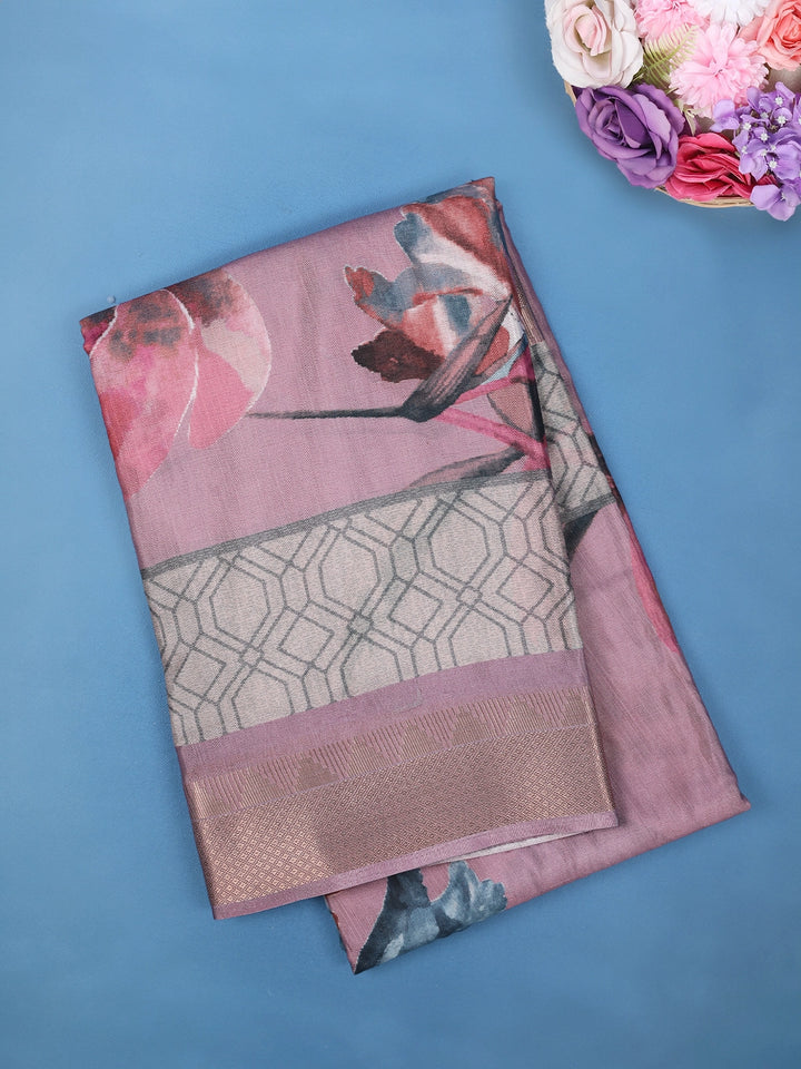 Lavender Geometric and Floral Printed Cotton Saree - Diadem