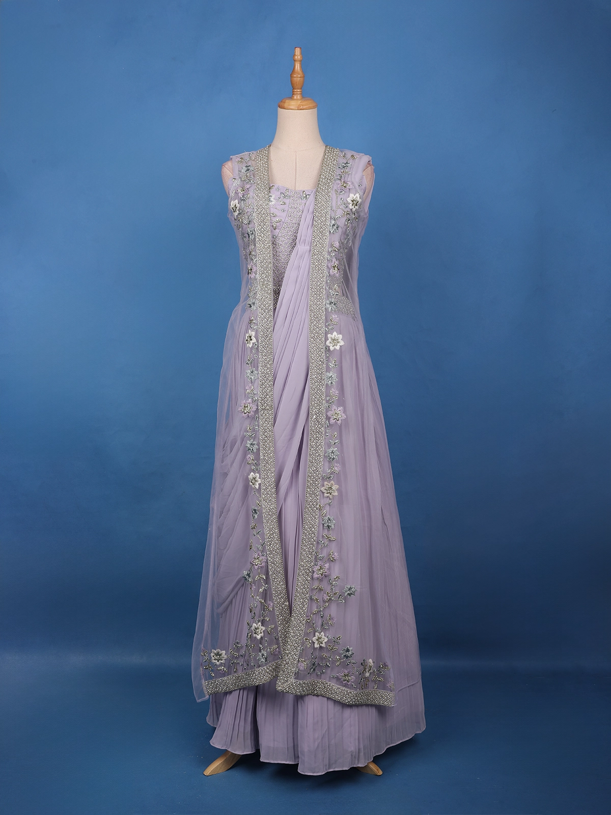 Lavender Grey Floral Embroidered Jacket Style Georgette Lehenga
