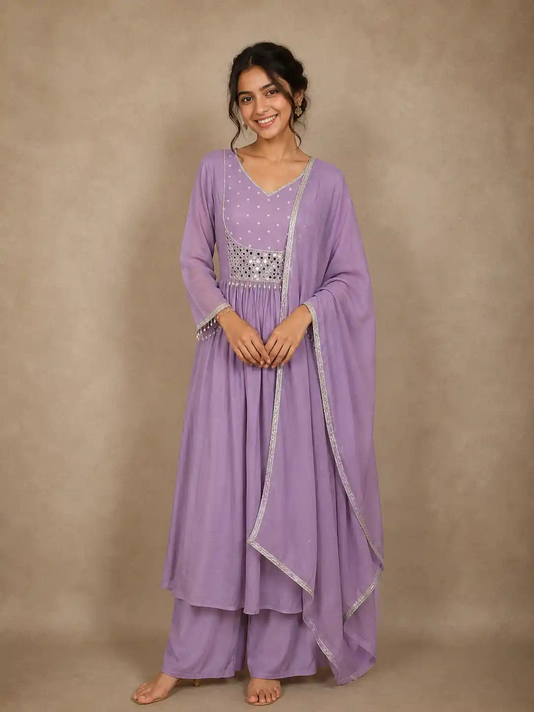 Lavender Mirror Work Embroidered Cotton Salwar Suit with Dupatta