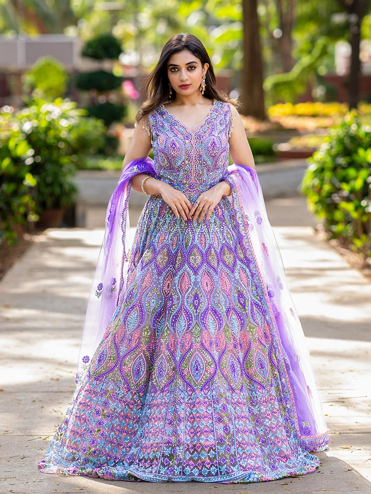 Lavender Net Mirror Worked Party Wear Gown