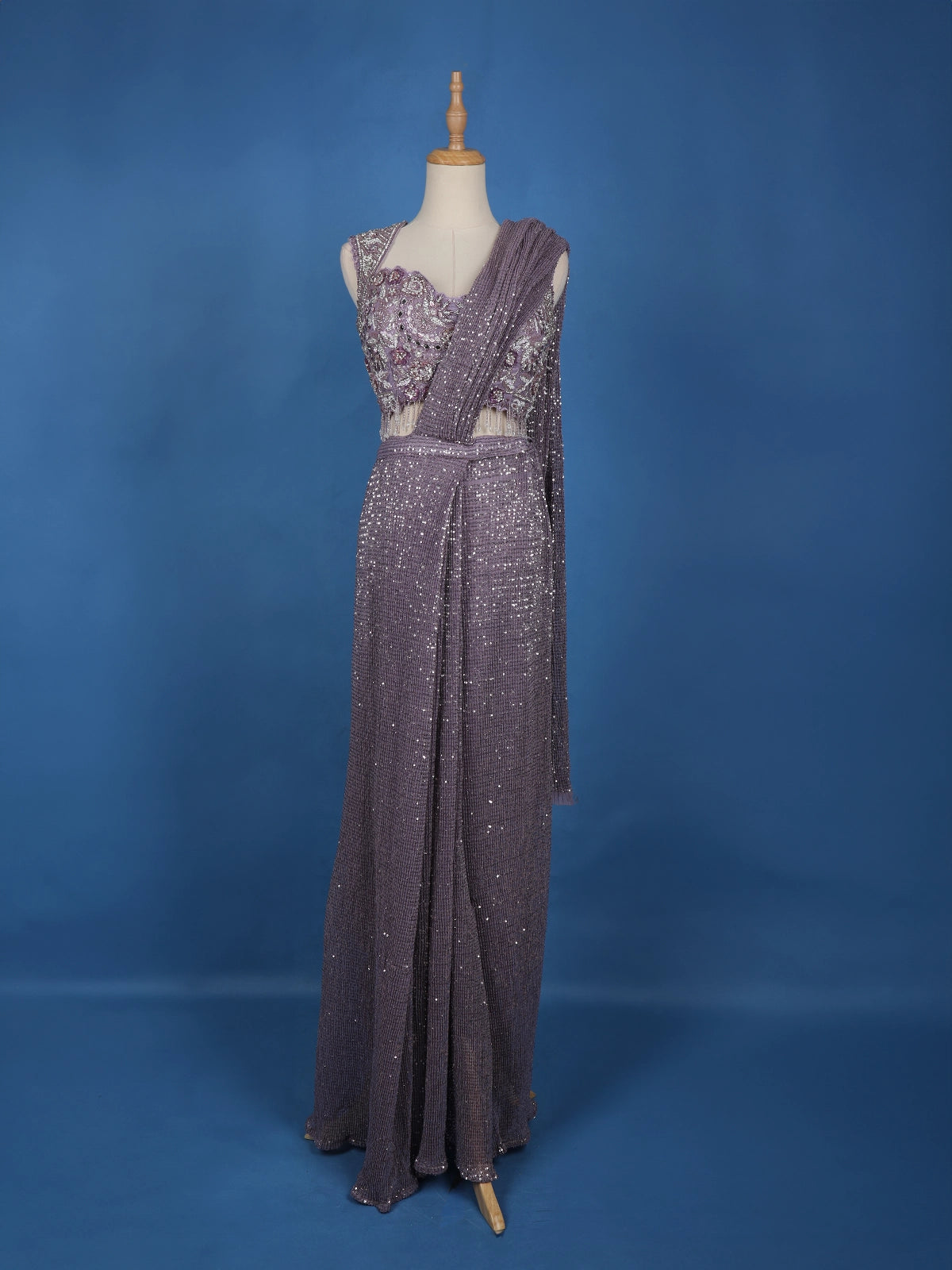 Lavender Sequin Designs Net Ready To Wear Saree with Designer Blouse - Diadem