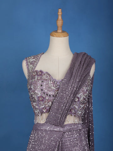 Lavender Sequin Designs Net Ready To Wear Saree with Designer Blouse - Diadem
