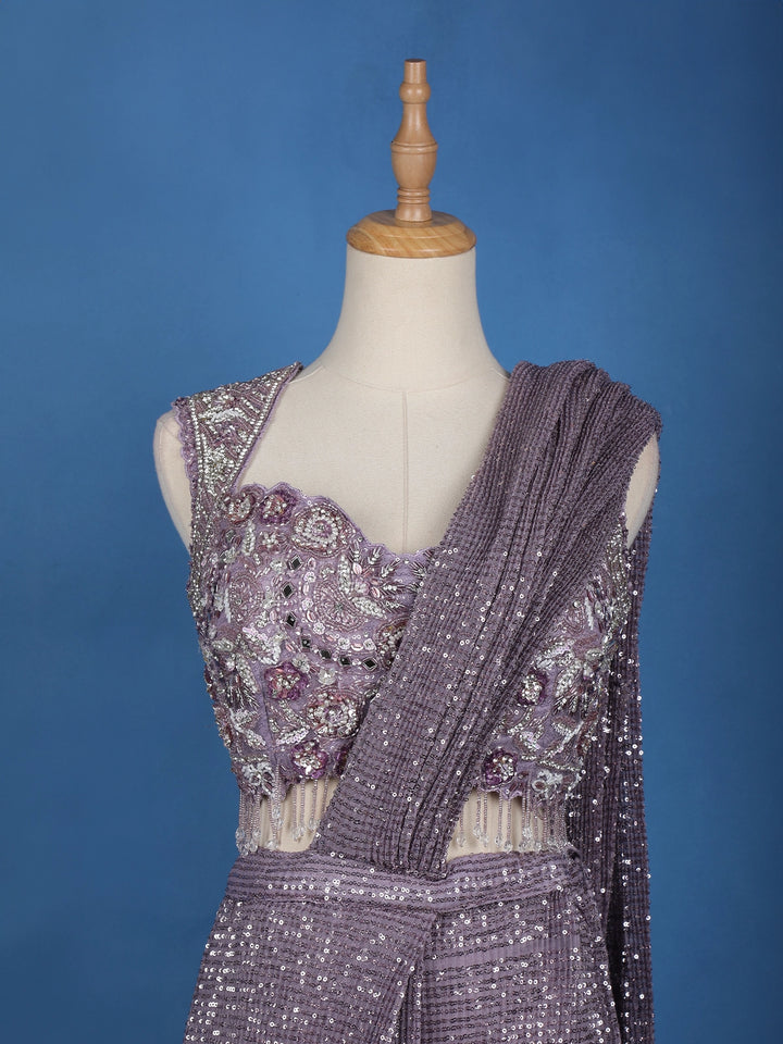 Lavender Sequin Designs Net Ready To Wear Saree with Designer Blouse - Diadem