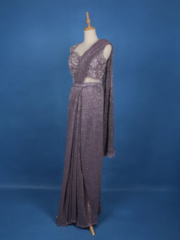 Lavender Sequin Designs Net Ready To Wear Saree with Designer Blouse - Diadem