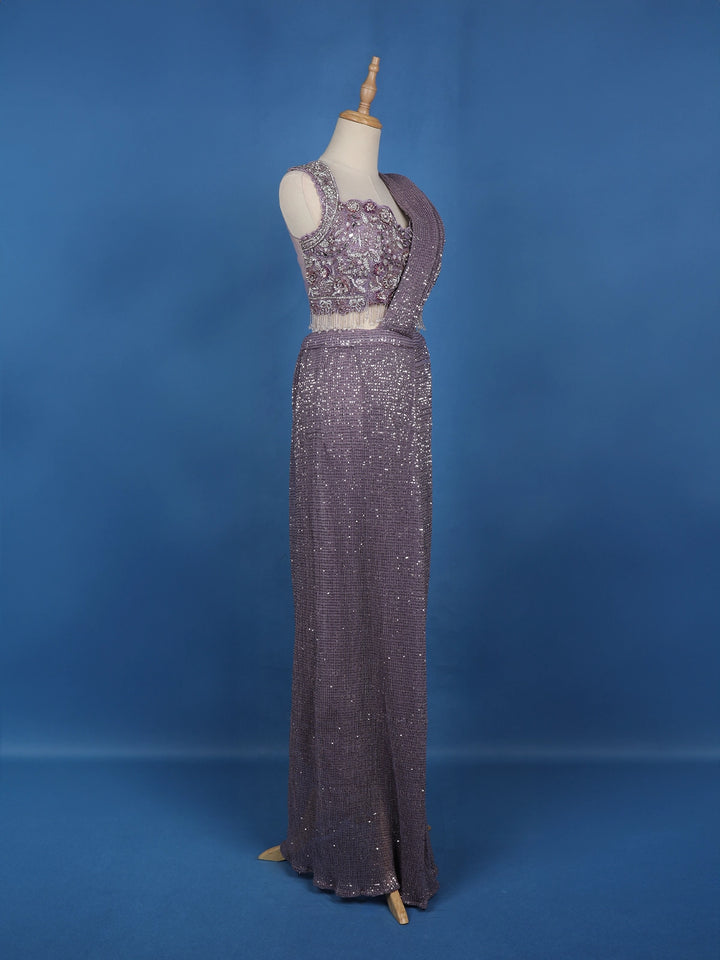 Lavender Sequin Designs Net Ready To Wear Saree with Designer Blouse - Diadem