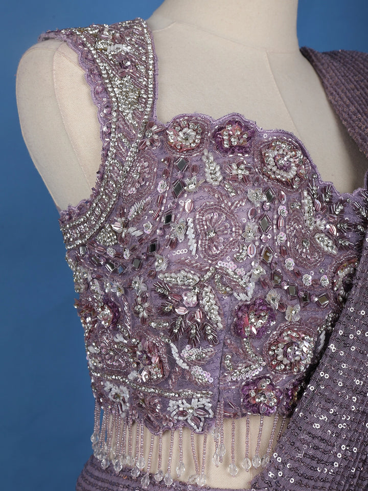 Lavender Sequin Designs Net Ready To Wear Saree with Designer Blouse - Diadem
