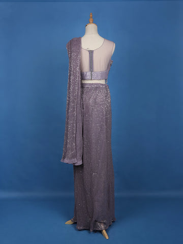 Lavender Sequin Designs Net Ready To Wear Saree with Designer Blouse - Diadem