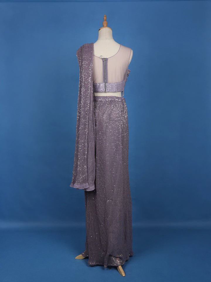 Lavender Sequin Designs Net Ready To Wear Saree with Designer Blouse - Diadem
