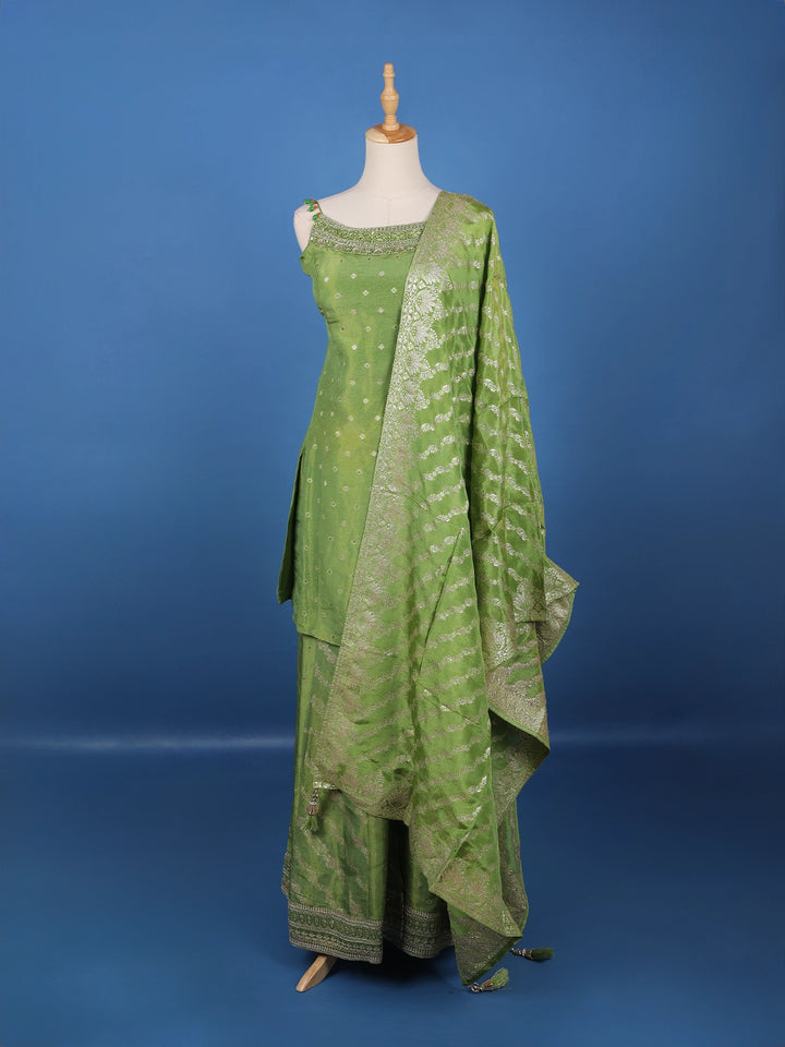 Leaf Green Dotted Design Silk Palazzo Suit - Diadem