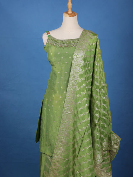 Leaf Green Dotted Design Silk Palazzo Suit - Diadem