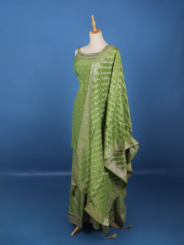Leaf Green Dotted Design Silk Palazzo Suit - Diadem