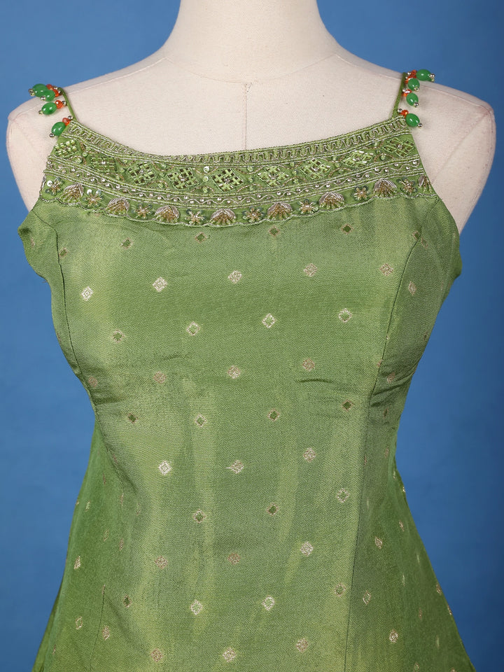 Leaf Green Dotted Design Silk Palazzo Suit - Diadem