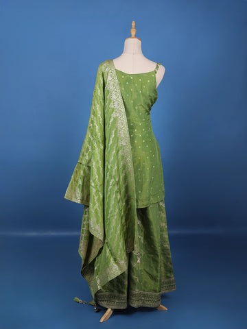 Leaf Green Dotted Design Silk Palazzo Suit - Diadem