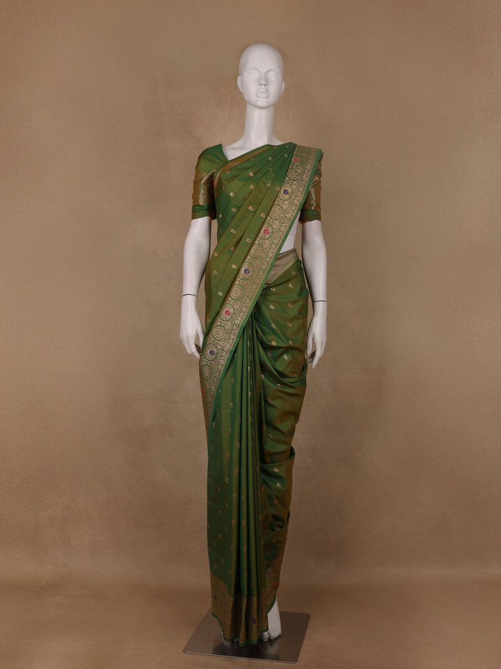 Leaf Green Floral Design Semi Tissue Saree - Diadem
