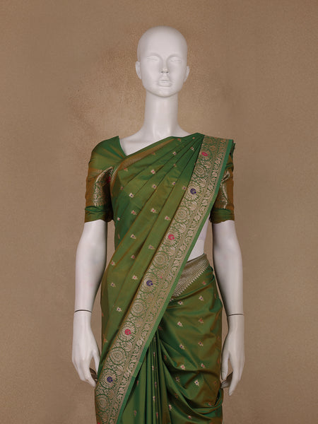 Leaf Green Floral Design Semi Tissue Saree - Diadem