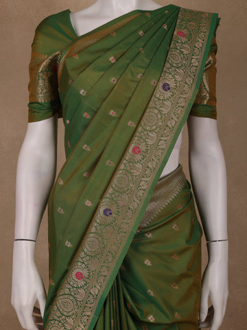 Leaf Green Floral Design Semi Tissue Saree - Diadem