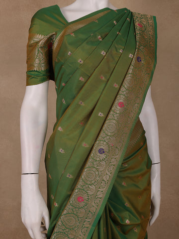Leaf Green Floral Design Semi Tissue Saree - Diadem