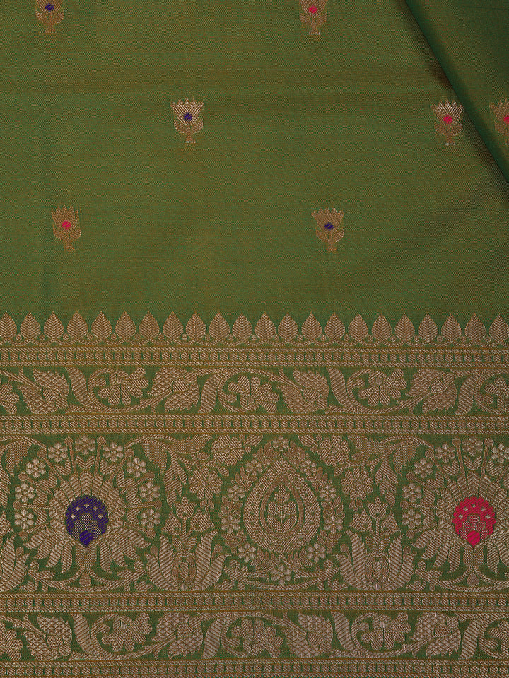 Leaf Green Floral Design Semi Tissue Saree - Diadem