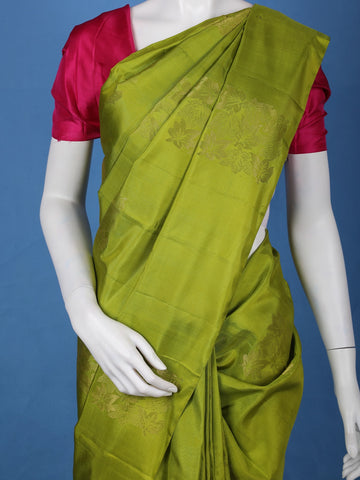 Leaf Green Floral Design Zari Woven Soft Silk Saree - Diadem