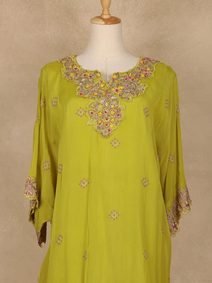 Leaf Green Floral Embroidered Georgette Kaftan Suit - Diadem