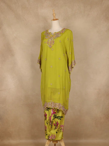 Leaf Green Floral Embroidered Georgette Kaftan Suit - Diadem