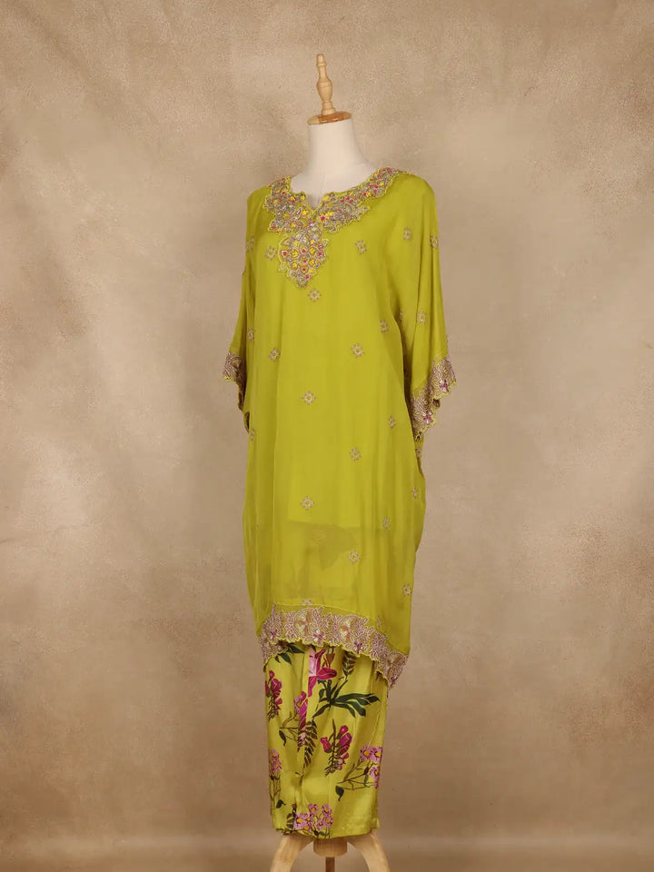 Leaf Green Floral Embroidered Georgette Kaftan Suit - Diadem