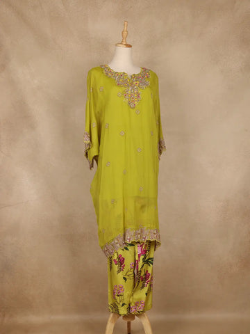 Leaf Green Floral Embroidered Georgette Kaftan Suit - Diadem