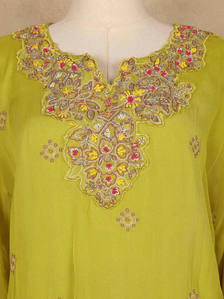 Leaf Green Floral Embroidered Georgette Kaftan Suit - Diadem