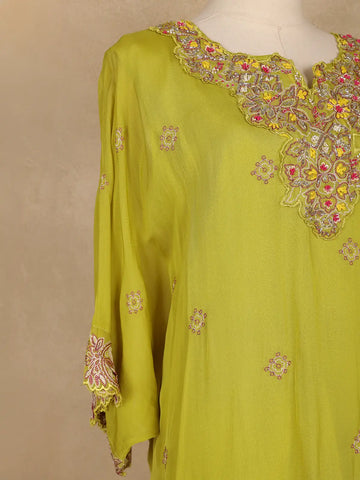 Leaf Green Floral Embroidered Georgette Kaftan Suit - Diadem
