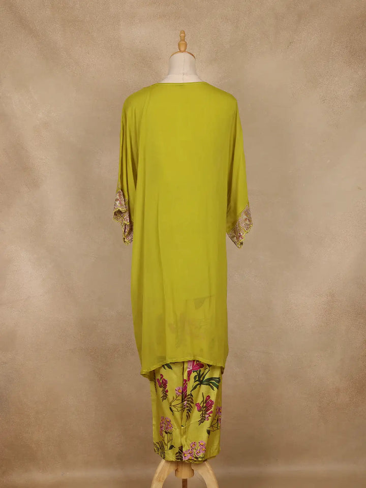 Leaf Green Floral Embroidered Georgette Kaftan Suit - Diadem