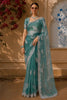 Leaf Green Leaf Butta Stone Embellished Design Organza Party Wear Saree with Designer Border