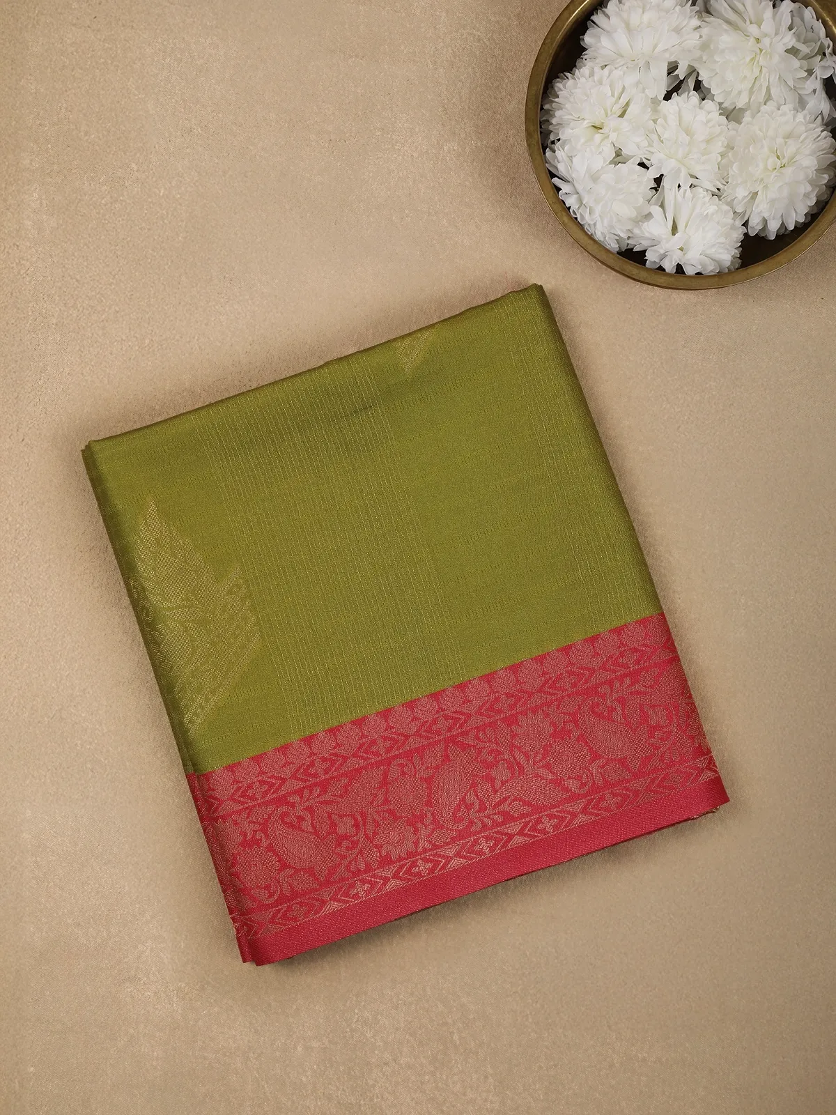 Leaf Green Semi Silk Stripes And Floral Printed Saree - Diadem