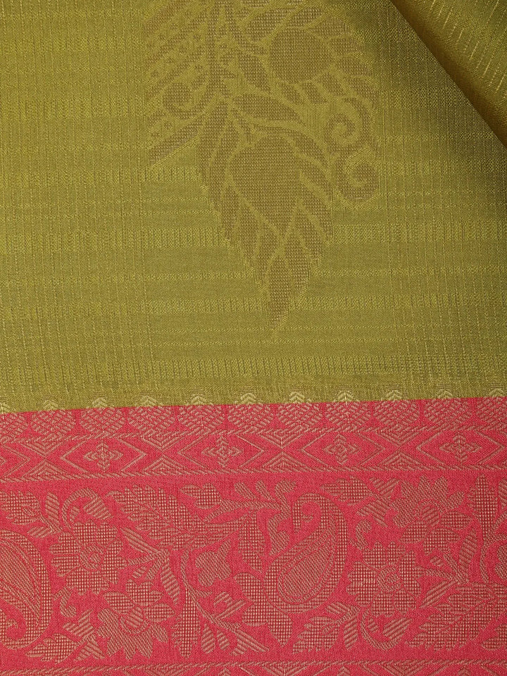 Leaf Green Semi Silk Stripes And Floral Printed Saree - Diadem