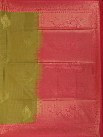 Leaf Green Semi Silk Stripes And Floral Printed Saree - Diadem