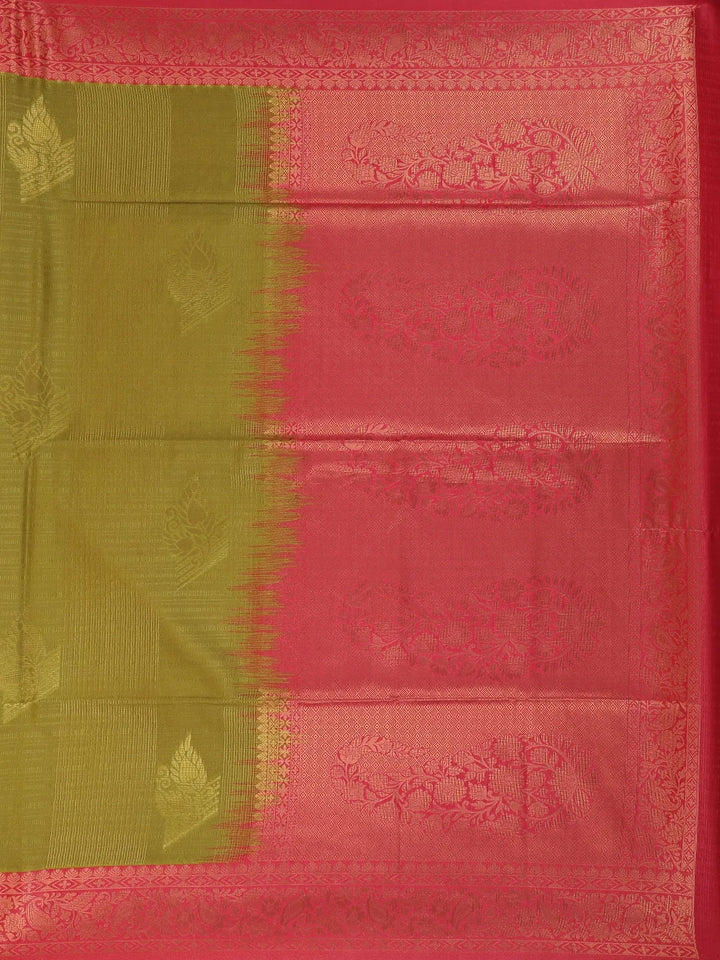 Leaf Green Semi Silk Stripes And Floral Printed Saree - Diadem