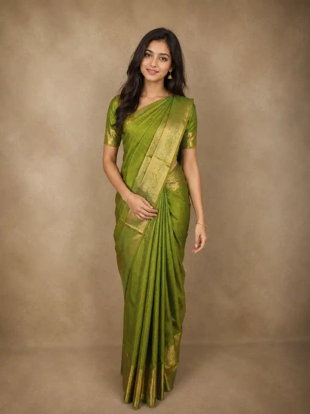 Leaf Green Striped Zari Woven Design Pure Kanchipuram Silk Saree with Zari Border