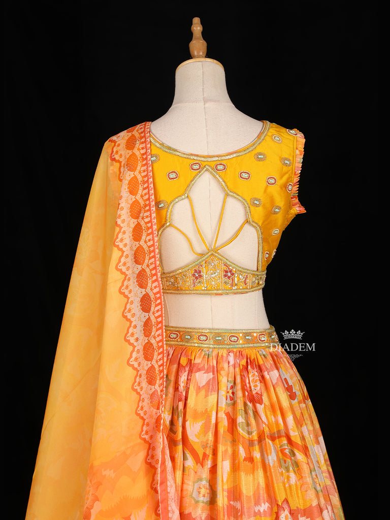 Yellow Georgette Lehenga Adorned with Floral Printed, with Sleeveless and Dupatta