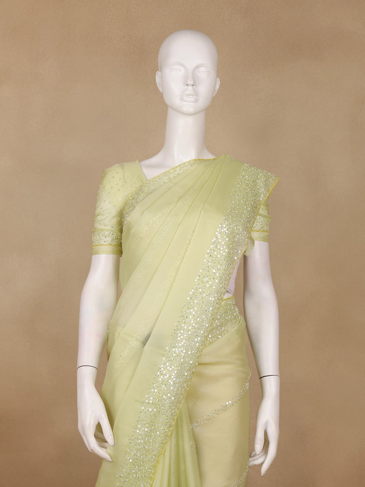 Lemon Green Sequin Embellishments Organza Saree - Diadem