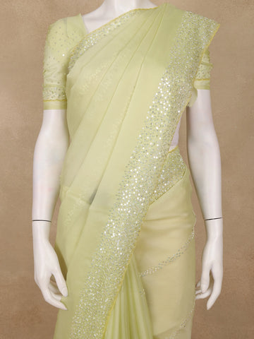 Lemon Green Sequin Embellishments Organza Saree - Diadem