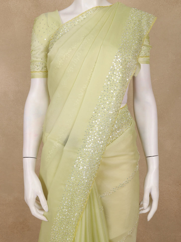 Lemon Green Sequin Embellishments Organza Saree - Diadem