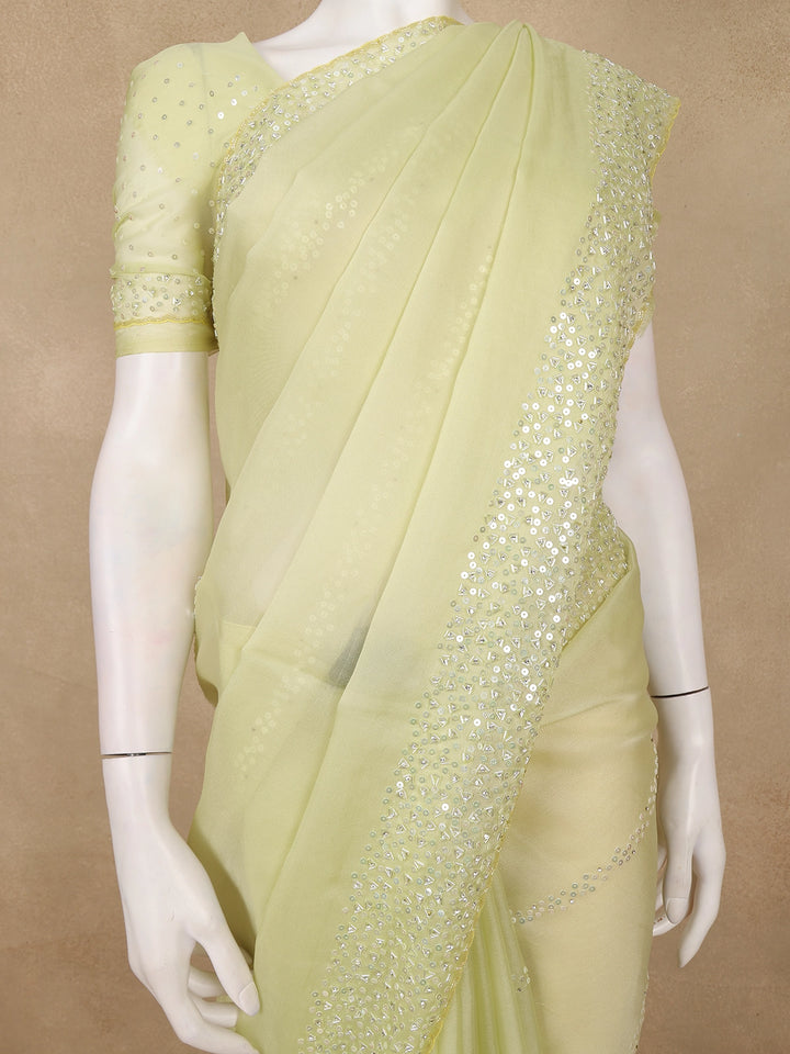 Lemon Green Sequin Embellishments Organza Saree - Diadem