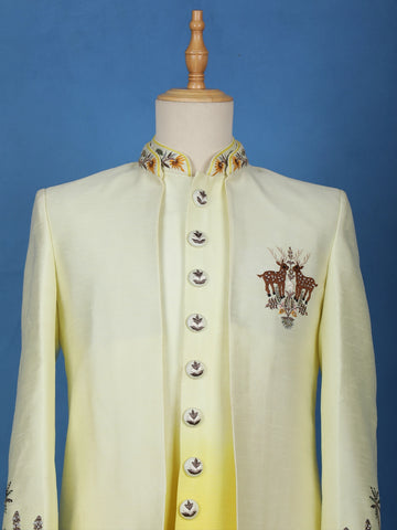White Ombre Yellow Jungle-Themed Embroidered Polyester Sherwani Suit - Diadem