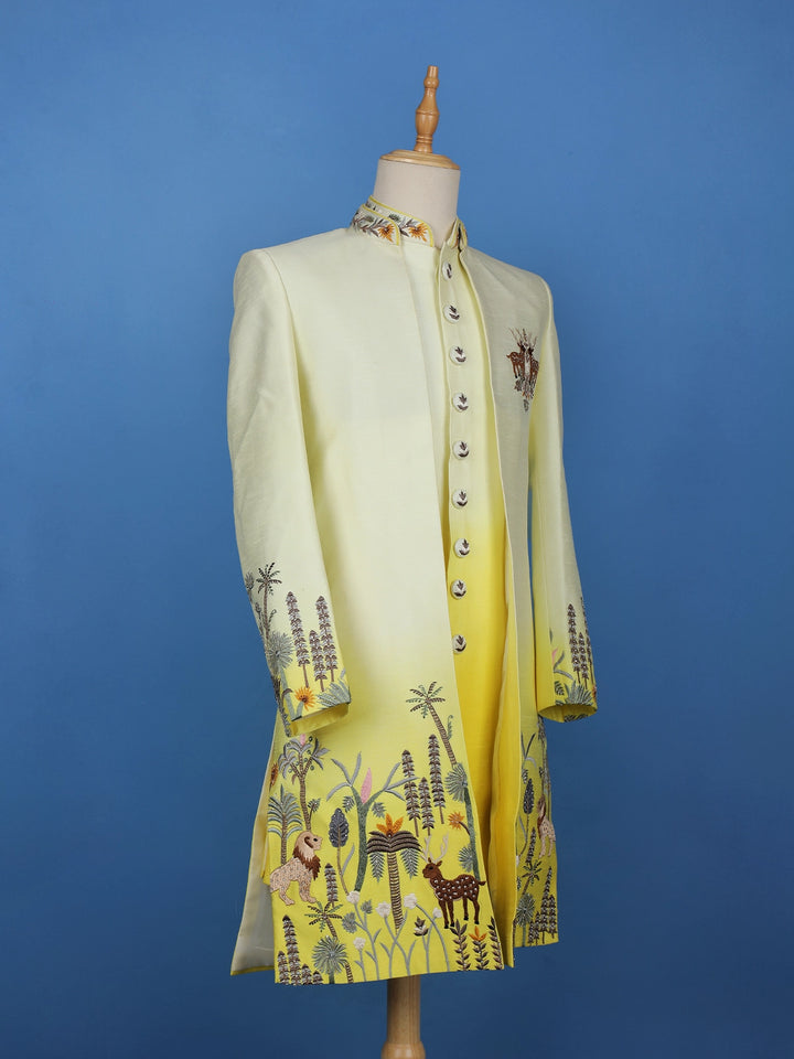 White Ombre Yellow Jungle-Themed Embroidered Polyester Sherwani Suit - Diadem