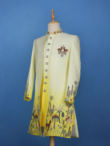 White Ombre Yellow Jungle-Themed Embroidered Polyester Sherwani Suit - Diadem