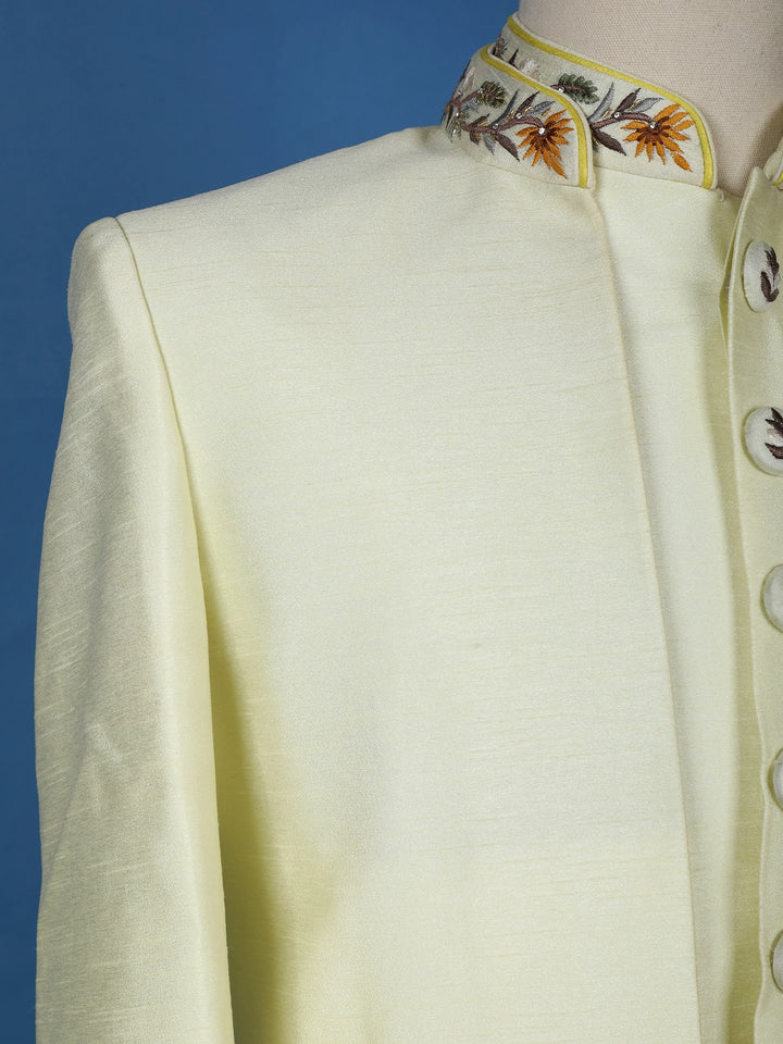 White Ombre Yellow Jungle-Themed Embroidered Polyester Sherwani Suit - Diadem