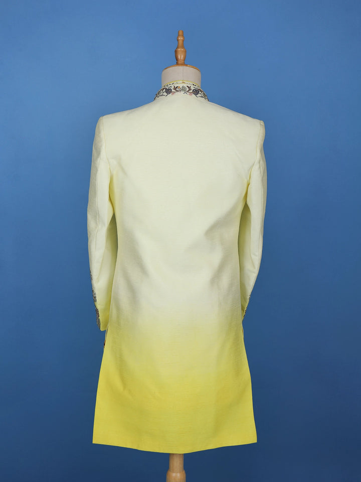 White Ombre Yellow Jungle-Themed Embroidered Polyester Sherwani Suit - Diadem