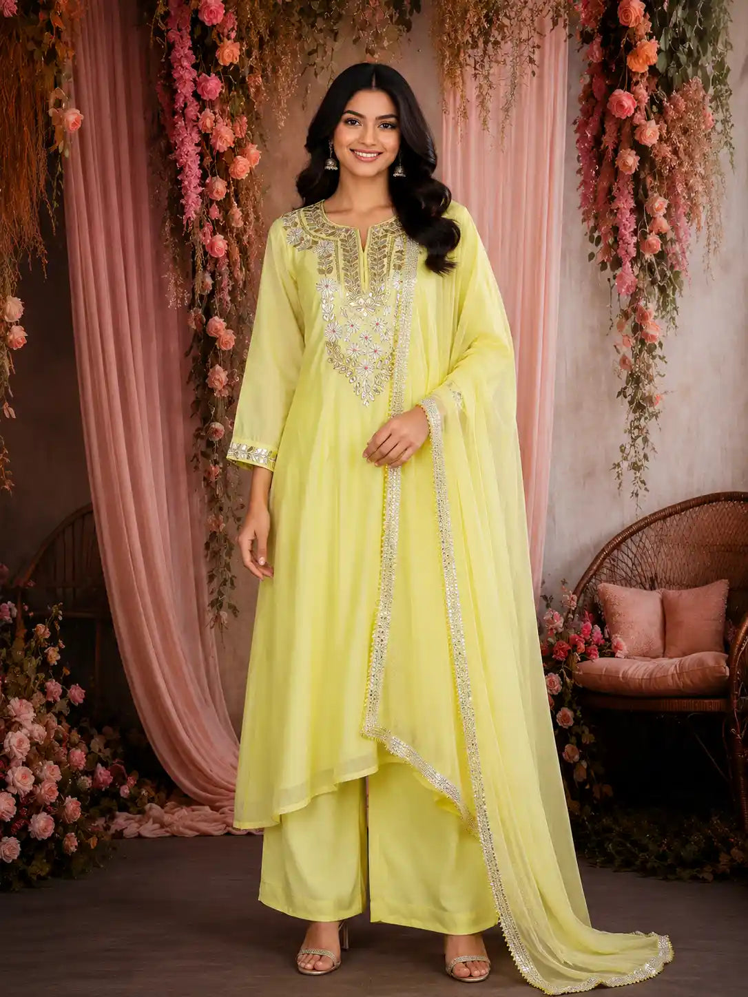 Lemon Yellow Floral Embroidered Cotton Salwar Suit with Dupatta