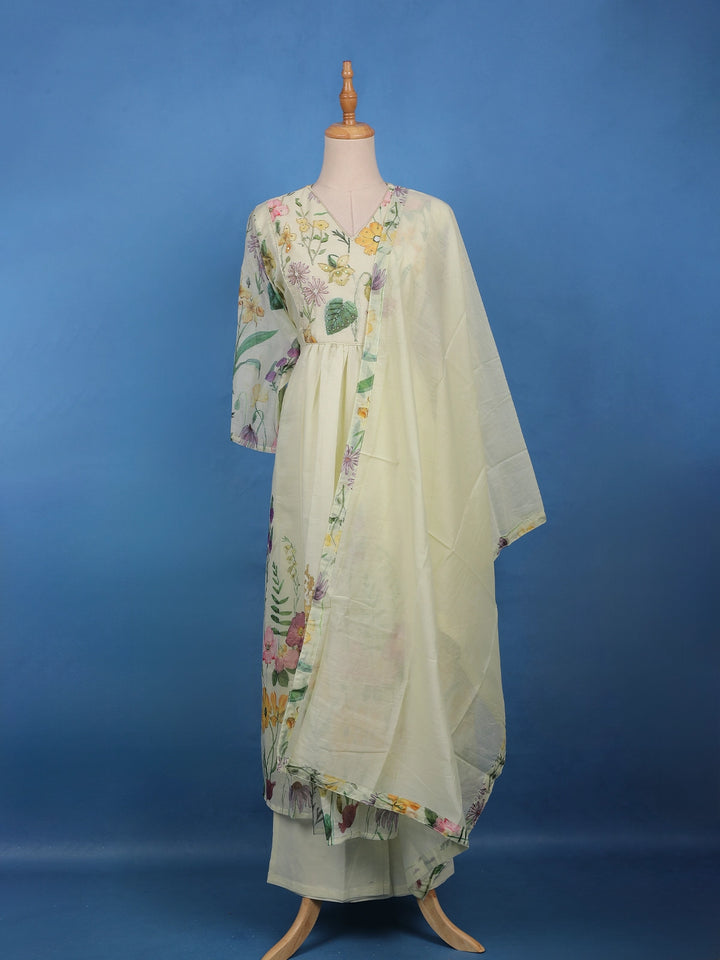 Lemon Yellow Floral Printed Cotton Anarkali Salwar Suit Set - Diadem