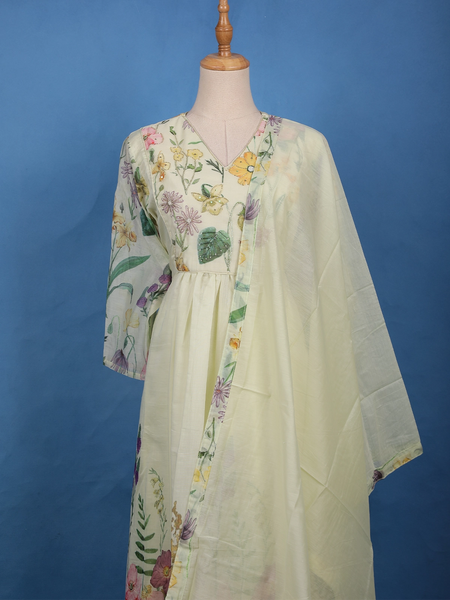 Lemon Yellow Floral Printed Cotton Anarkali Salwar Suit Set - Diadem