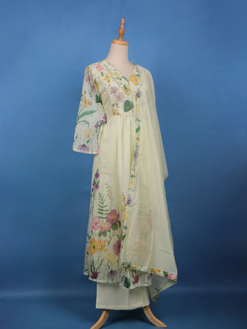 Lemon Yellow Floral Printed Cotton Anarkali Salwar Suit Set - Diadem